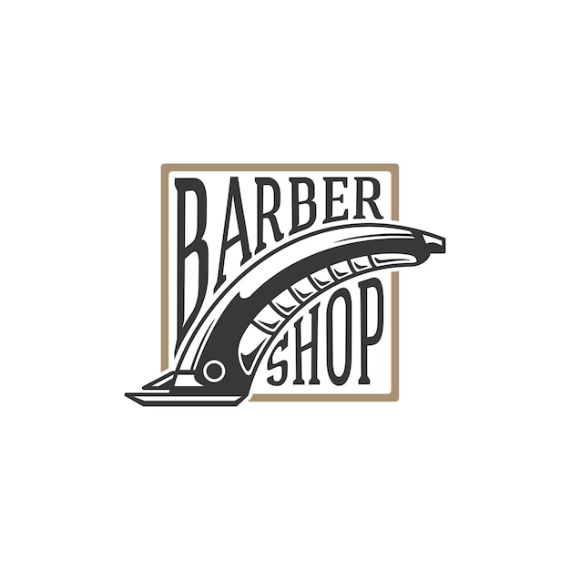 Logo del negozio di barbiere con adesivo vettoriale tagliacapelli elegante gadget vintage per saloni di taglio professionale vecchio rifinitore con cura di barba e baffi di qualità con acconciature alla moda