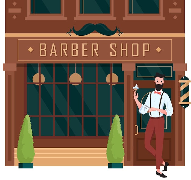 Barber shop open. cartoon street building brown facade of retro barbershop with standing at entrance door man barber hairdresser, small city business, haircut salon