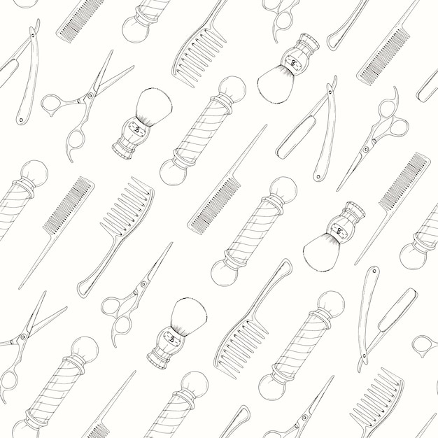 Barber Shop seamless pattern with doodle Hand drawn razor, scissors, shaving brush,  comb, classic barber shop Pole. 