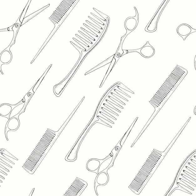 Barber Shop seamless pattern with doodle Hand drawn scissors, comb. 