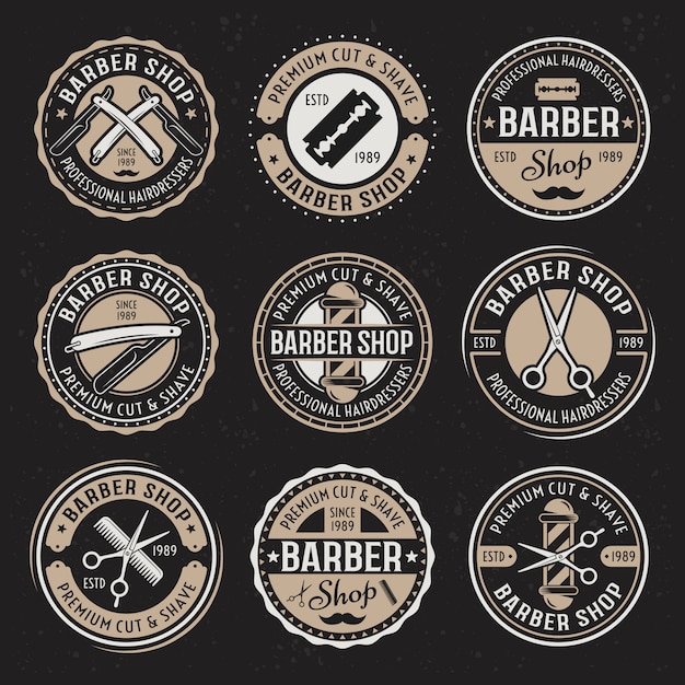 Barber shop set di nove distintivi rotondi vintage colorati di vettore