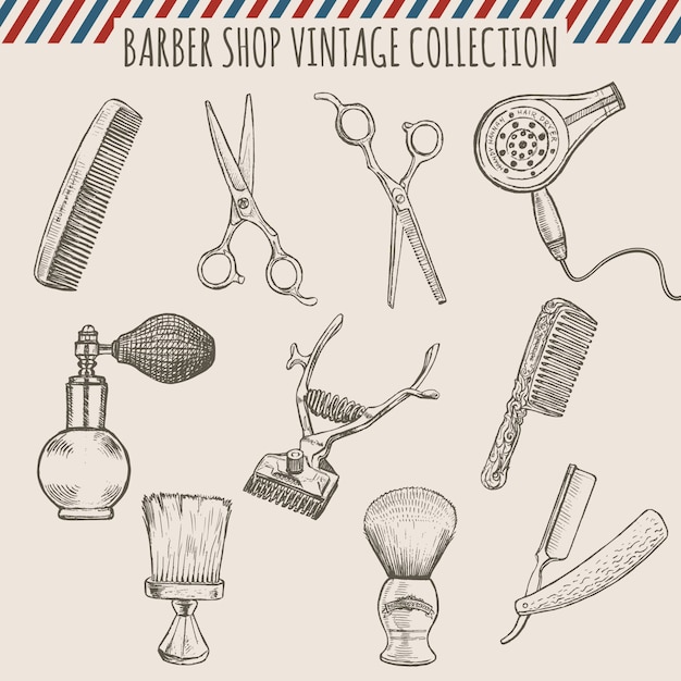 barber shop vintage tools collection.  Pencil hand drawn illustration