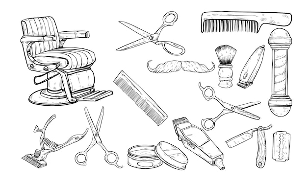 barber tools handdrawn illustration engraving