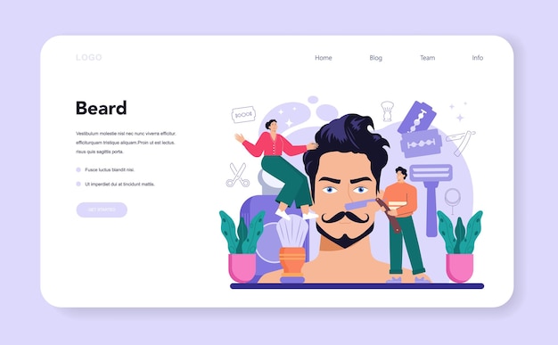 理髪店のウェブバナーまたはランディングページ。髪とあごひげのケアのアイデア