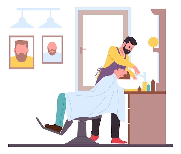 Barber with man client Hairdresser gives haircut Haircutter shampooing or styling Coiffeur cutting and trimming hair to customer Workplace interior Vector professional beauty salon