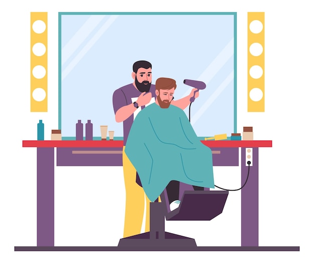 Barber with man client Hairdresser giving haircut Stylist shampooing and trimming hair to customer Hairdo styling with dryer Workplace interior Vector professional beauty salon