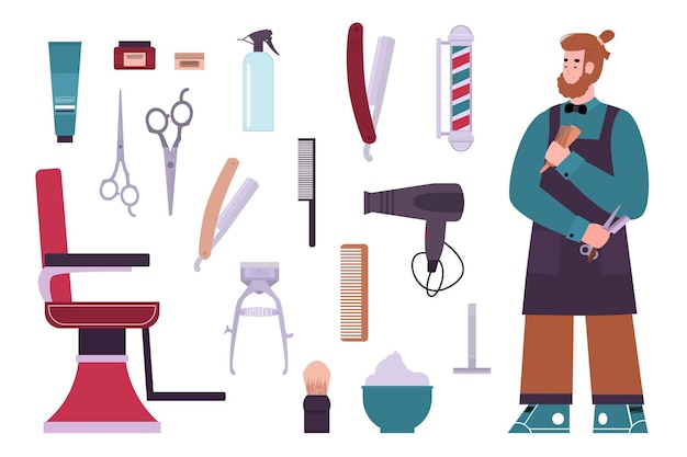 A barber with set of traditional tools for working in barbershop