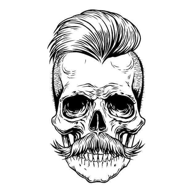 Vector barberman skull with mustache. black tattoo design hand drawn line art illustration