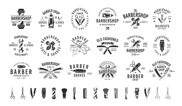 Barbershop Barber Haircuts salon vintage hipster logo sjablonen 18 logo's en 16 ontwerpelementen