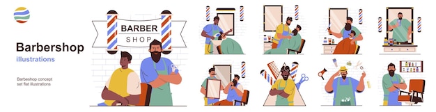 Barbershop concept with character situations collection Bundle of scenes people get hair mustache and beard care make stylish haircuts and hairdressing Vector illustrations in flat web design