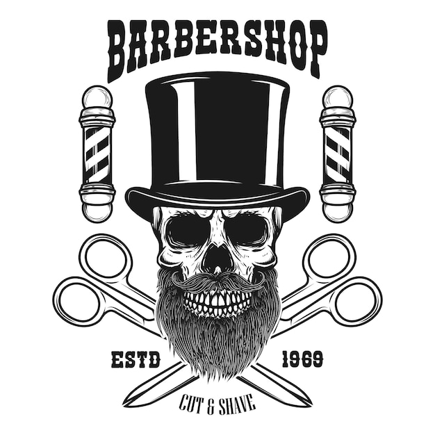 Vector barbershop emblem template bearded skull in vintage hat and scissors design element for poster card emblem banner logo vector illustration