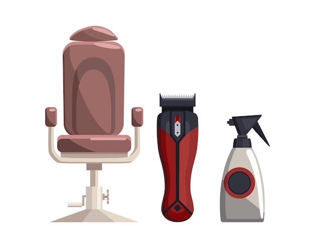 Barbershop equipments. vintage barber shop set items. chair trimmer sprayer. haircuts salon design elements.