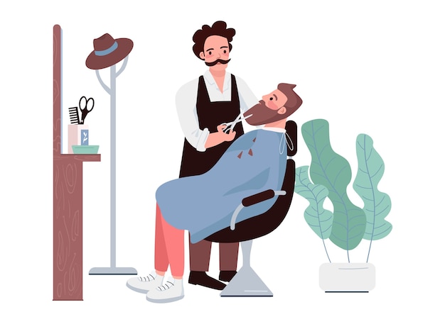 Barbershop flat color characters. man cutting beard. male stylist trimming facial hair. hipster getting haircut. hairdressing treatment. beauty salon procedure isolated cartoon illustration