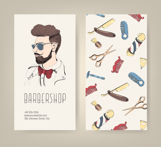 Volantino da barbiere con strumenti da barbiere e taglio di capelli uomo alla moda. illustrazione colorata.