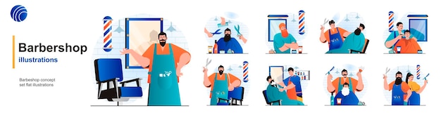 Barbershop geïsoleerde set kapper die kapsels doet of baard scheert in salon van scènes in flat