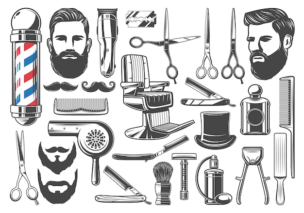 Barbershop haircut and shave equipment icons