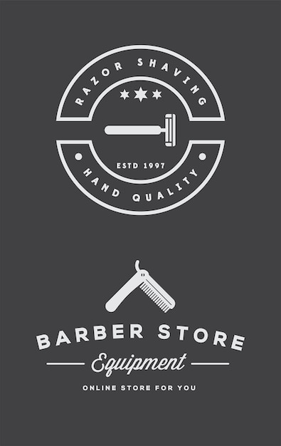 Barbershop or Hairdressing Salon Set of Vector Monochrome Emblems Isolated on Dark Background Vector