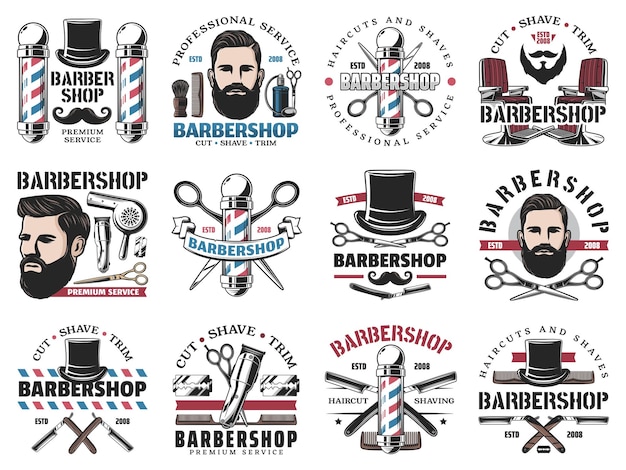 Barbershop icons beard shaving and haircut salon
