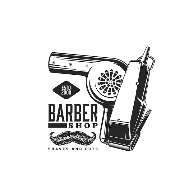 Barbershop icoon met schaar, kapperszaak snor scheren en baard trimsalon, vector teken. Barbershop retro trimmer en föhn voor man en hipster kapsel studio icoon