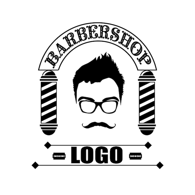 Design del logo del barbiere con ornamenti vintage e illustrazione di lettere retrò in formato vettoriale.
