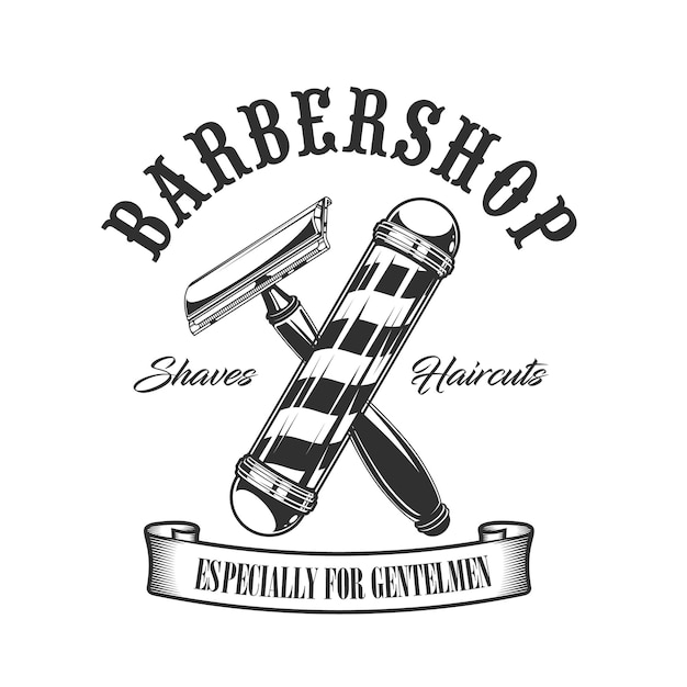 Barbershop paal en scheermes icoon, kapper winkel salon vector teken. Man kapsel, baard en snorren scheerstudio voor hipsters en heren met gekruist scheermesje en kapperspaal