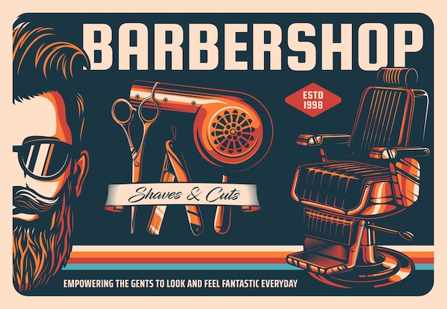 Barbershop poster, barber haircut salon, beard and mustache grooming. barbershop hipster man with beard, barber tools and shaving equipment