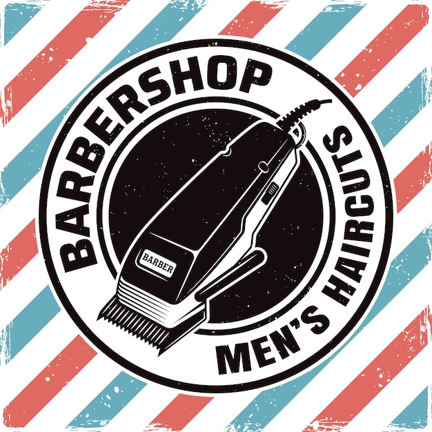 Barbershop round emblem, label, badge or logo with electrical hair clipper isolated illustration with removable textures