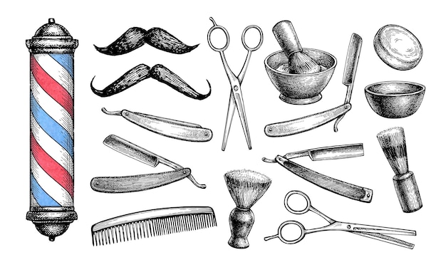 Set da barbiere. accessori per la rasatura e il taglio di capelli. disegni  a inchiostro in stile vintage.