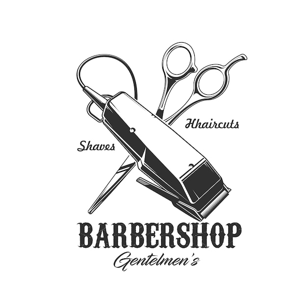 ベクトル 理髪店、ヘアカット、ひげ剃りサロンの理髪店シェーバーとはさみベクトルアイコン。紳士の美容師または床屋の交差したツール、電気かみそり、トリマー、はさみの分離されたバッジ