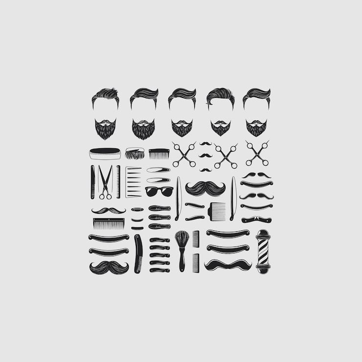 Vector barbershop tools and hair styling elements