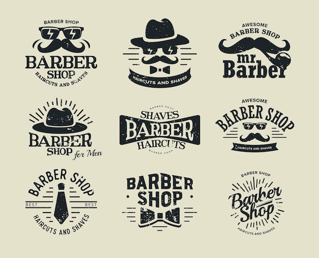 Barbershop vector logo retrò set hipster barbiere etichetta gentiluomo silhouette con baffi