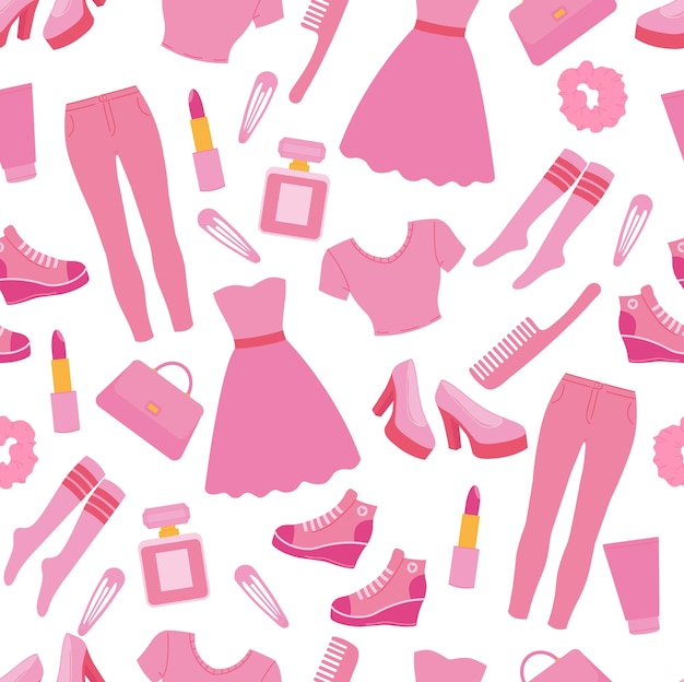 Barbicore seamless pattern on a white background Pink clothing and accessories 2000s fashion