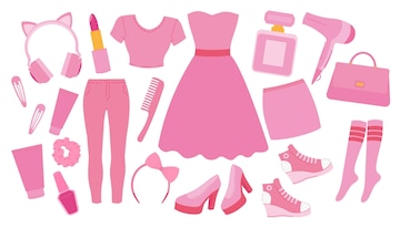 Premium Vector  Pink trendy set pink doll aesthetic accessories and  clothing vector illustration