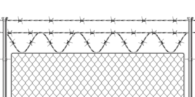 Barbwire fence Realistic metal military border for secured territory Metallic mesh fencing section with barbed wire Grid enclosure for prison Protective barrier vector perimeter