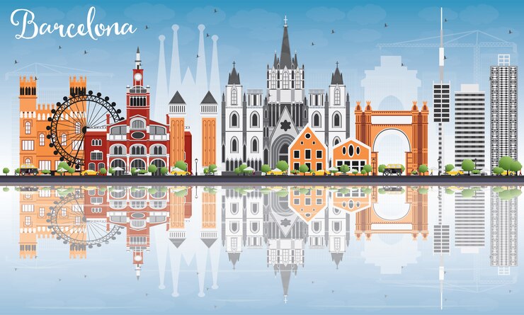 Vector barcelona skyline with color buildings, blue sky and reflections.