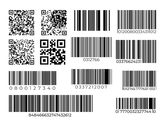 Набор штрих-кодов и qr-кодов. отсканируйте этикетку промышленного бара или супермаркета.