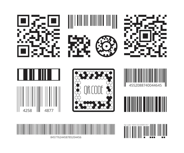 바코드 기호. 코딩 제품 스티커 Qr 디지털 코드 기술 템플릿 컬렉션