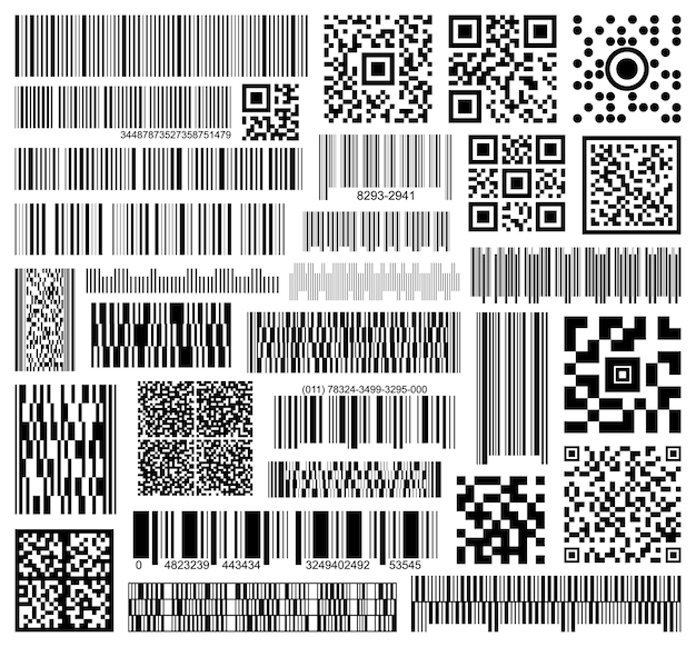 Штрих-код вектор черный значок набор. сборник векторных кодов информации на белом фоне. изолированный черный набор иконок иллюстрации штрих-кода для веб-дизайна.