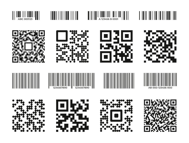 Barcodes and QR Scan code for labeling and tracking black stripes with barcode and number for identification supermarket product packaging element Vector set