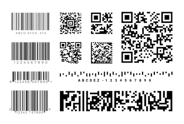 Vettore codici a barre etichette di identificazione del codice qr codici di inventario realistici con segni grafici e numeri adesivi di merci elementi di cartellino del prezzo isolati set di badge vettoriali in bianco e nero