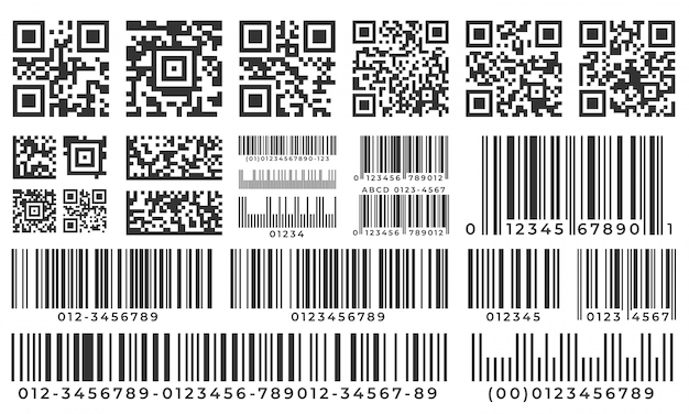 바코드. 스캔 바 라벨, Qr 코드 및 산업용 바코드. 제품 재고 배지, 코드 스트라이프 스티커 및 패키지 바 세트