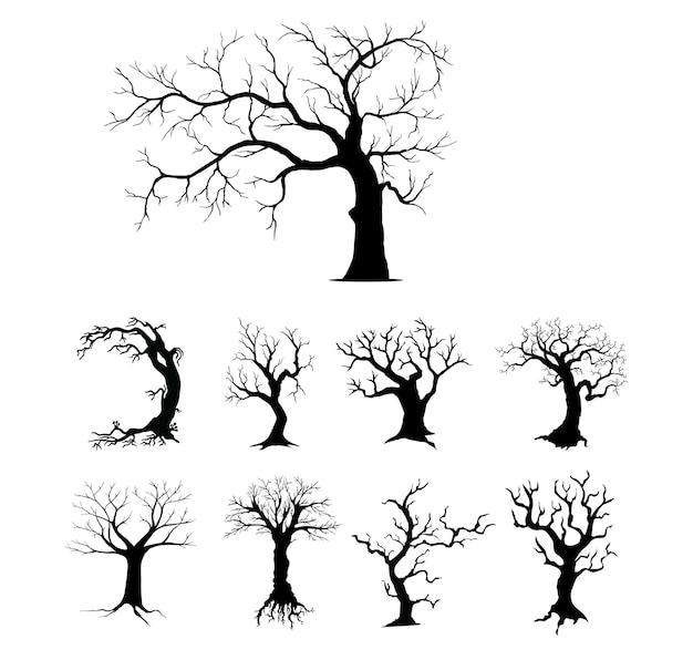 Bare black trees and roots silhouettes  set