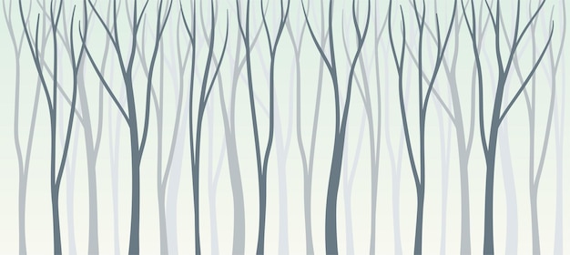 bare tree silhouette with tall trunk and branched top as misty forest horizontal backdrop vector illustration