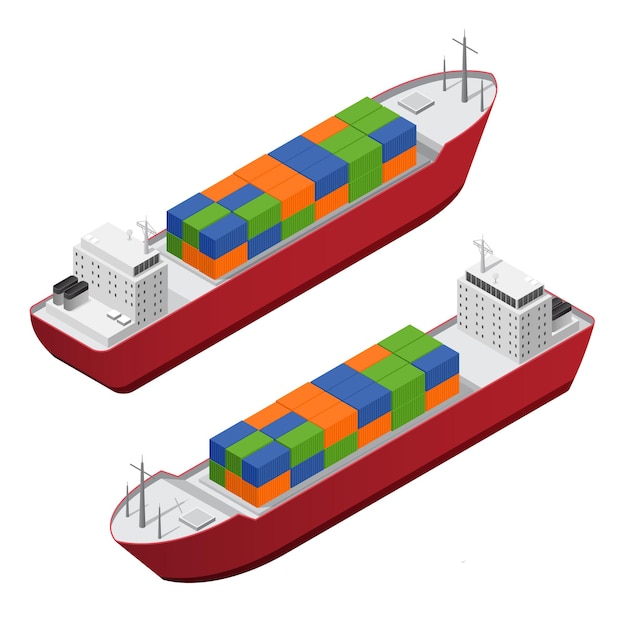 Barge Ship Set with Color Freight Containers Isometric View