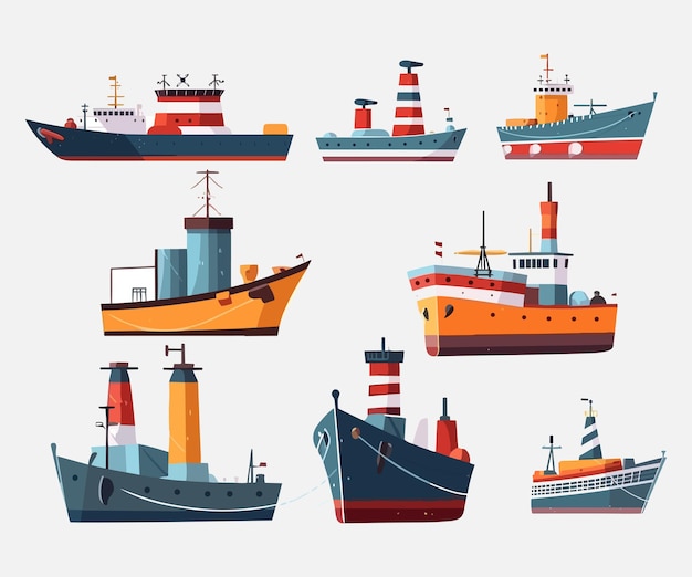Вектор барж и грузовых кораблей Иллюстрация барж и грузовых судов на белом фоне