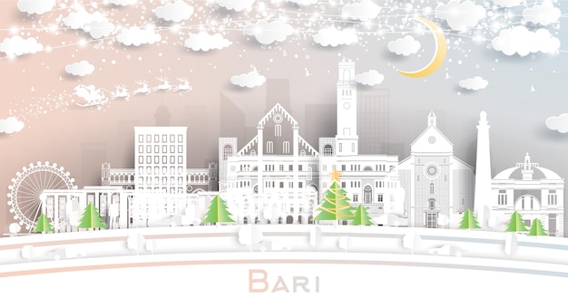 Bari Italy City Skyline in Paper Cut Style with Snowflakes Moon and Neon Garland