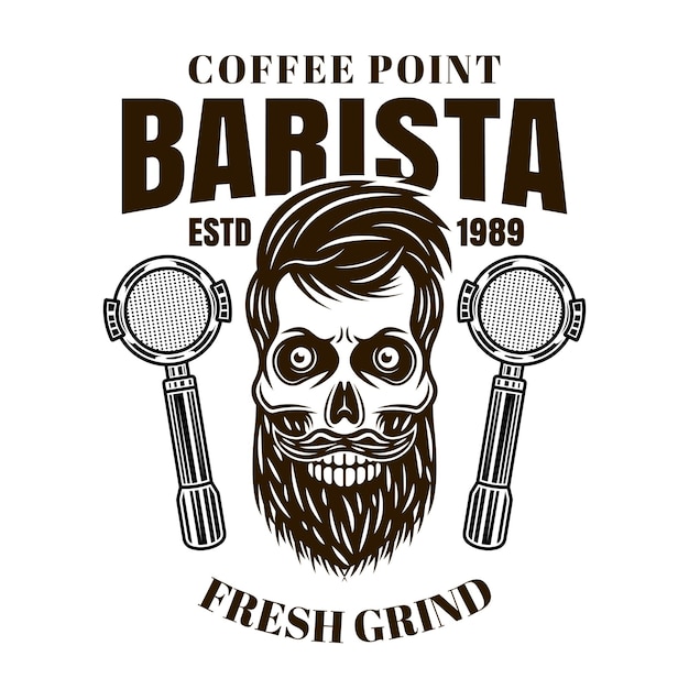 Barista bearded skull vector coffee emblem badge label or logo in monochrome vintage style isolated on white background