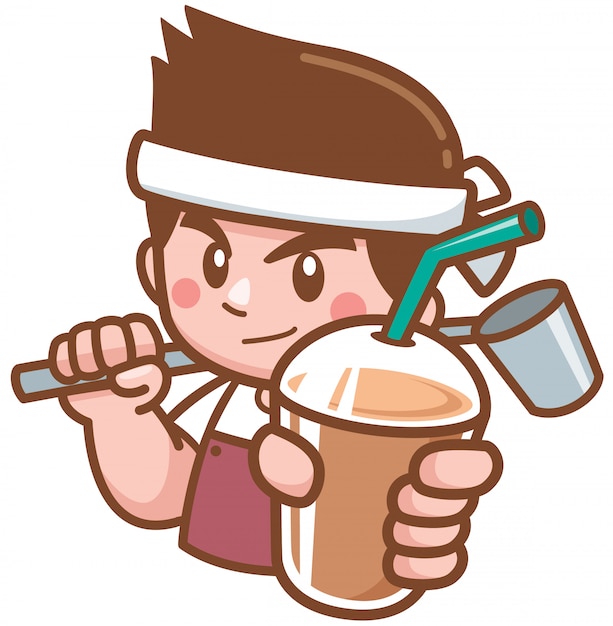 Barista cartoon character che presenta caffè