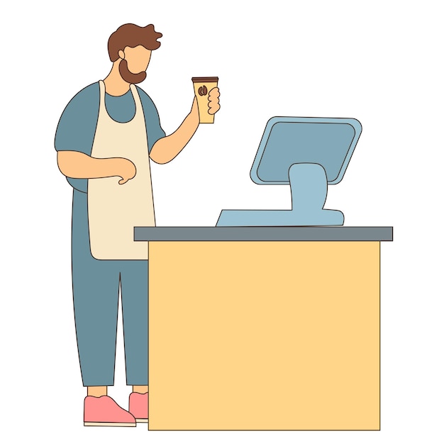 Barista Character with a Cup of Coffee Icon Doodle Person Silhouette Morning Coffee Drink in Cafe