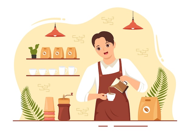 Vector barista illustration with wearing standing apron making coffee for customer in hand drawn template
